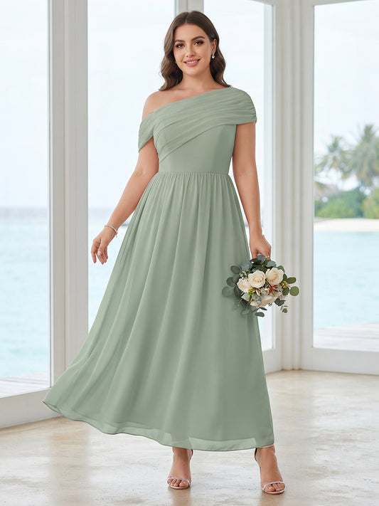 A-Line/Princess Asymmetrical Floor-Length Plus Size Bridesmaid Dresses with Pleats