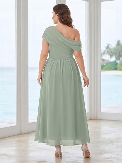 A-Line/Princess Asymmetrical Floor-Length Plus Size Bridesmaid Dresses with Pleats