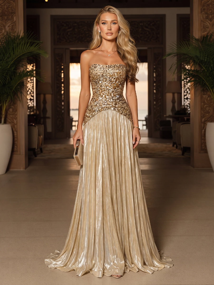A-Line/Princess Strapless Sleeveless Floor-Length Evening Dresses with Pleats & Sequins