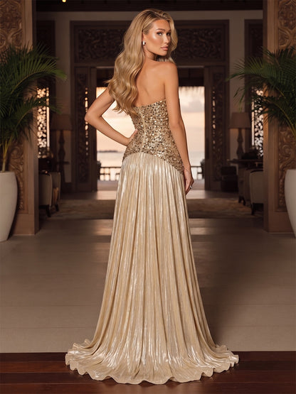 A-Line/Princess Strapless Sleeveless Floor-Length Evening Dresses with Pleats & Sequins