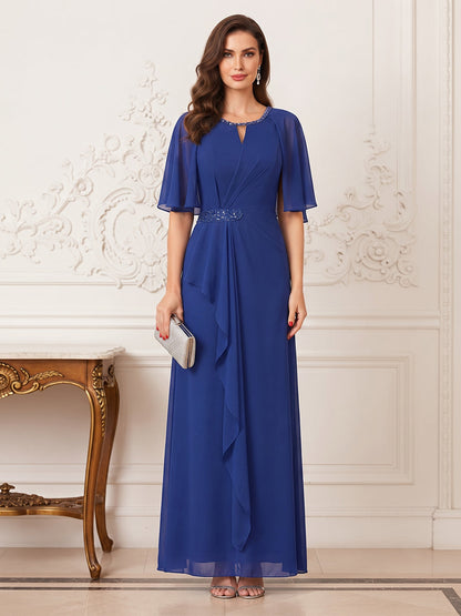A-Line/Princess Scoop Half Sleeves Floor-Length Mother of the Bride Dresses with Ruffles & Sequins