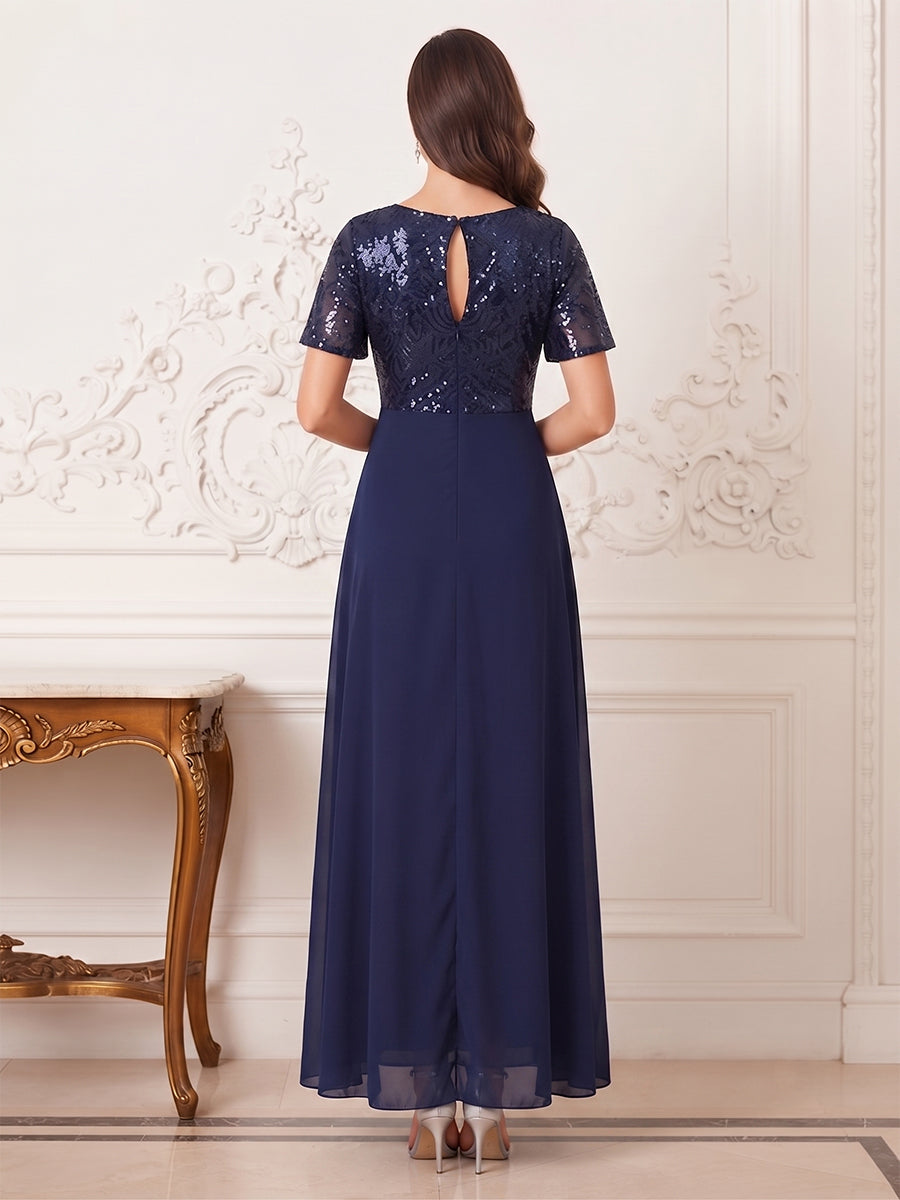 Sheath/Column Scoop Short Sleeves Floor-Length Mother Of The Bride Dresses With Split Side & Applique