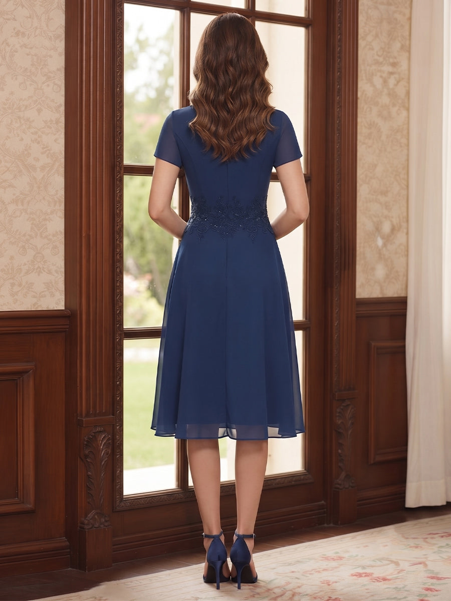 Sheath/Column V-Neck Short Sleeves Knee Length 2 Pieces Mother of the Bride Dresses with Jacket & Applique