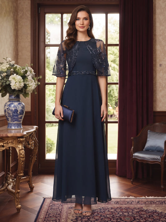 A-Line/Princess Scoop Half Sleeves Floor-Length Mother of the Bride Dresses with Cape & Sequins