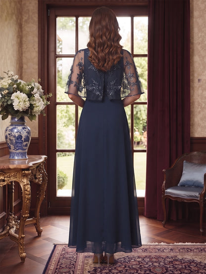A-Line/Princess Scoop Half Sleeves Floor-Length Mother of the Bride Dresses with Cape & Sequins