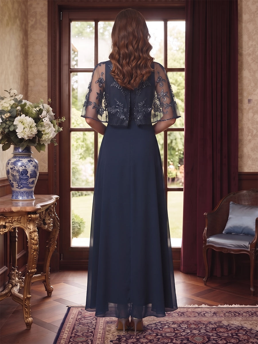 A-Line/Princess Scoop Half Sleeves Floor-Length Mother of the Bride Dresses with Cape & Sequins
