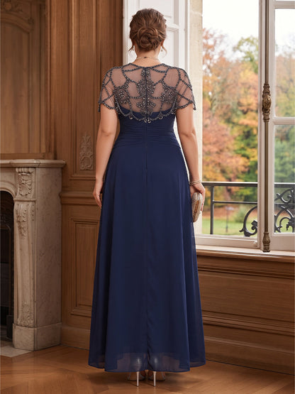 A-Line/Princess Scoop Short Sleeves Floor-Length Plus Size Mother of the Bride Dresses with Rhinestone & Ruched