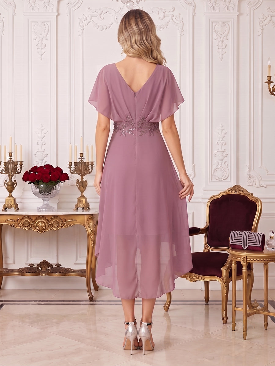 A-Line/Princess V-Neck Short sleeves Asymmetrical Mother of the Bride Dresses with Applique & Ruffles