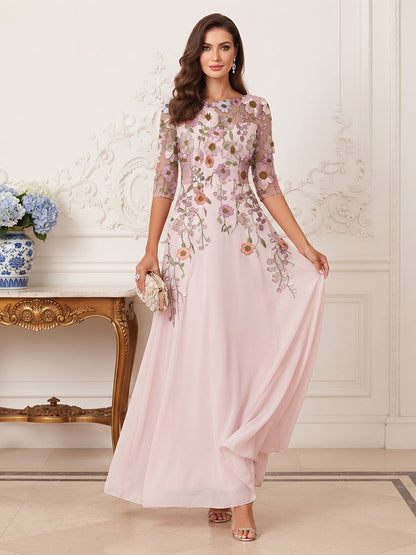 A-Line/Princess Illusion Neck 3/4 Sleeves Floor Length Mother of the Bride Dresses with Flower & Embroidery