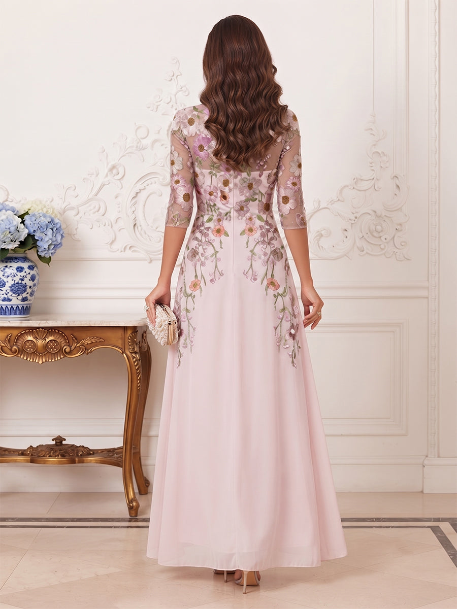 A-Line/Princess Illusion Neck 3/4 Sleeves Floor Length Mother of the Bride Dresses with Flower & Embroidery