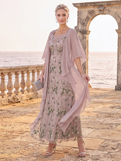 A-Line/Princess 3/4 Sleeves Scoop Ankle-Length Mother Of The Bride Dresses With Ruffles & Embroidery