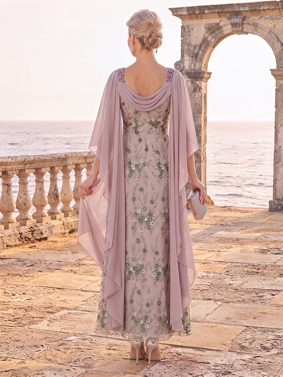 A-Line/Princess 3/4 Sleeves Scoop Ankle-Length Mother Of The Bride Dresses With Ruffles & Embroidery