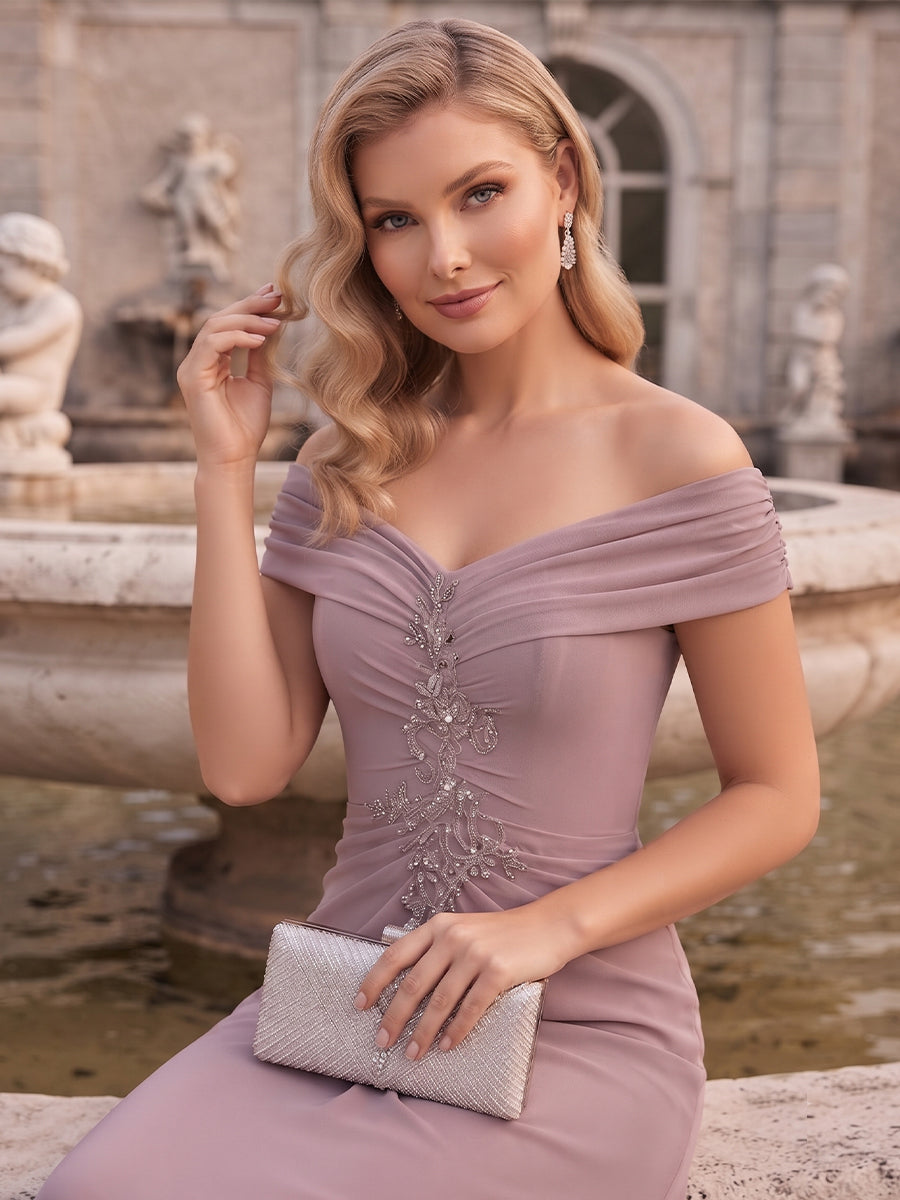 A-Line/Princess Off-the-Shoulder Sleeveless Floor-Length Mother of the Bride Dresses with Ruched & Embroidery