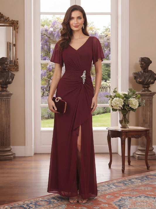 Sheath/Column V-Neck Short sleeves Ankle-Length Mother of the Bride Dresses with Split Side & Ruffles