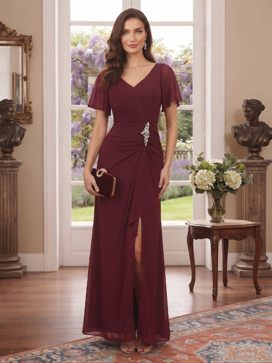 Sheath/Column V-Neck Short sleeves Ankle-Length Mother of the Bride Dresses with Split Side & Ruffles