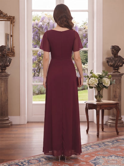 Sheath/Column V-Neck Short sleeves Ankle-Length Mother of the Bride Dresses with Split Side & Ruffles