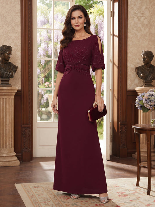 Sheath Column Scoop Half Sleeves Floor-Length Mother of the Bride Dresses with Ruched & Rhinestone