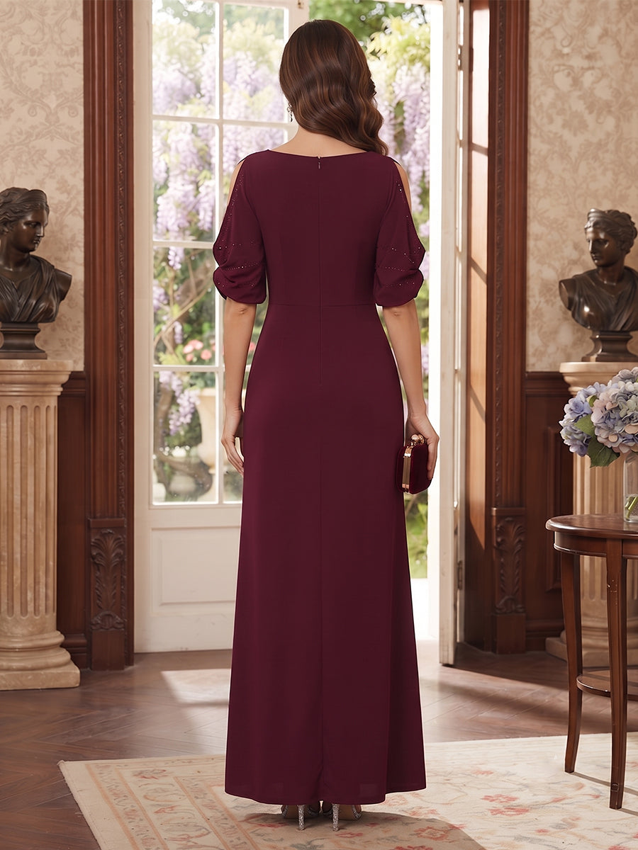 Sheath Column Scoop Half Sleeves Floor-Length Mother of the Bride Dresses with Ruched & Rhinestone
