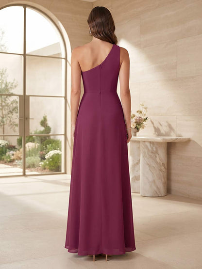 A-Line/Princess One-Shoulder Sleeveless Floor-Length Bridesmaid Dresses with Ruched & Split Side