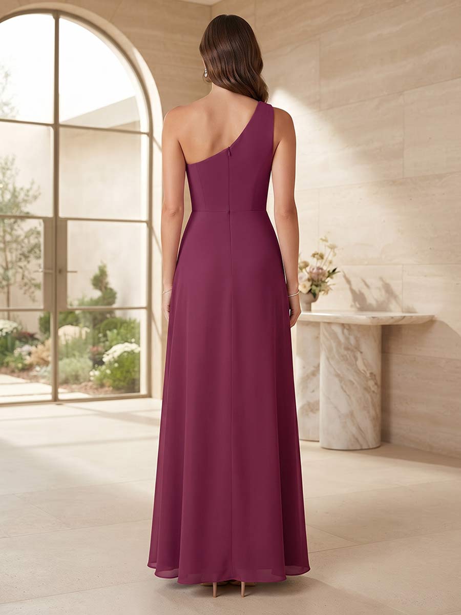 A-Line/Princess One-Shoulder Sleeveless Floor-Length Bridesmaid Dresses with Ruched & Split Side