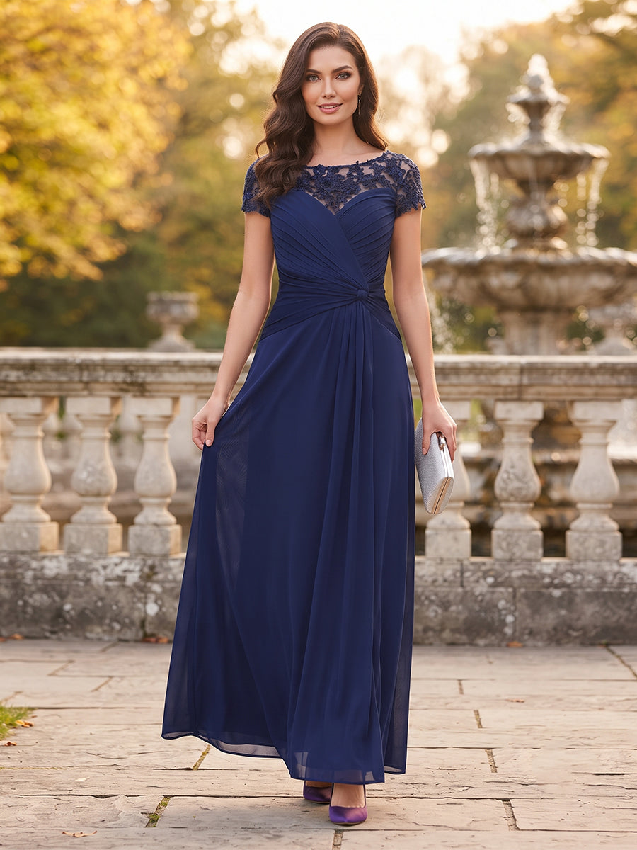 A-Line/Princess Scoop Short Sleeves Floor-Length Mother Of The Bride Dresses With Ruched & Applique