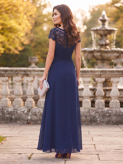 A-Line/Princess Scoop Short Sleeves Floor-Length Mother Of The Bride Dresses With Ruched & Applique