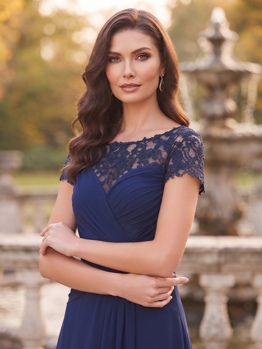 A-Line/Princess Scoop Short Sleeves Floor-Length Mother Of The Bride Dresses With Ruched & Applique