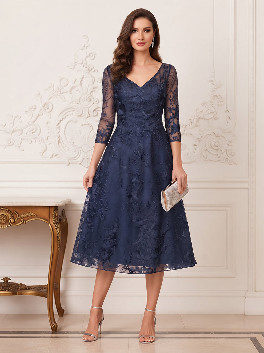 A-Line/Princess 3/4 Sleeves V-Neck Tea-Length Mother Of The Bride Dresses With Lace & Applique
