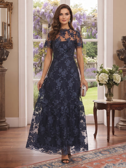 A-Line/Princess Mock Neck Short Sleeves Ankle-Length Mother of the Bride Dresses with Embroidery