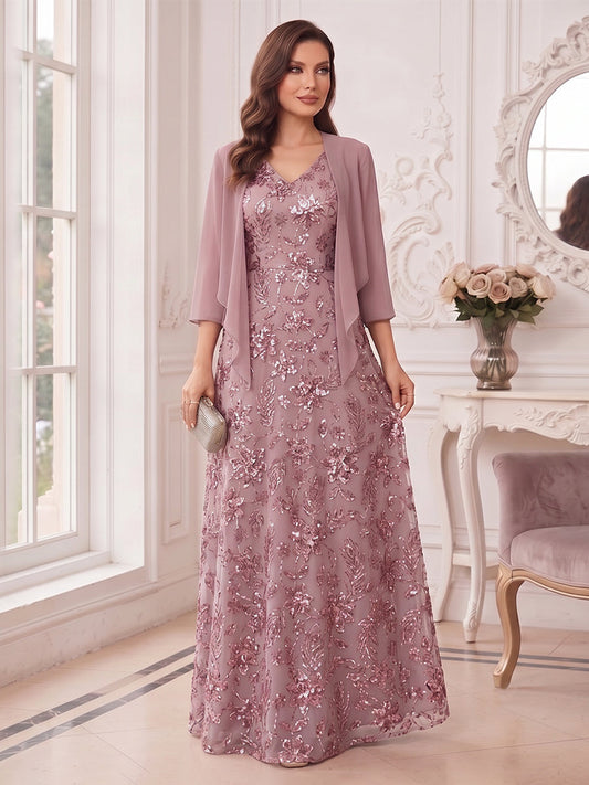 A-Line/Princess V-Neck Sleeveless Floor-Length Mother of the Bride Dresses with Lace & Sequins