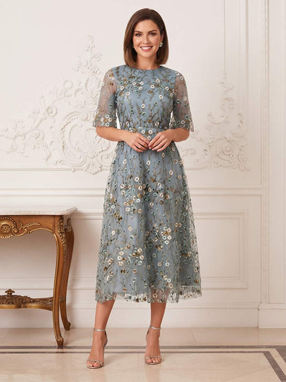 A-Line/Princess Scoop Half Sleeves Tea-Length Mother of the Bride Dresses with Embroidery & Flower