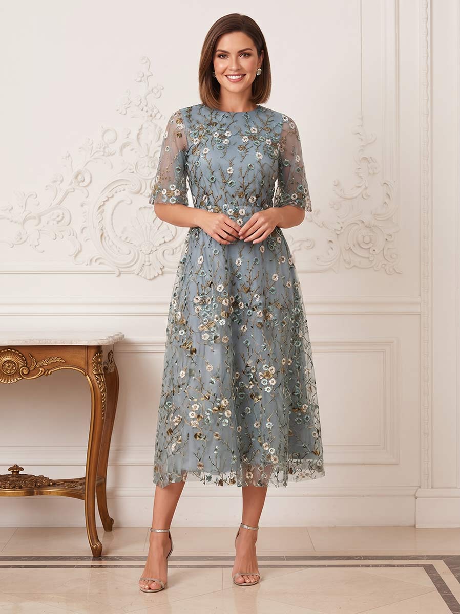 A-Line/Princess Scoop Half Sleeves Tea-Length Mother of the Bride Dresses with Embroidery & Flower