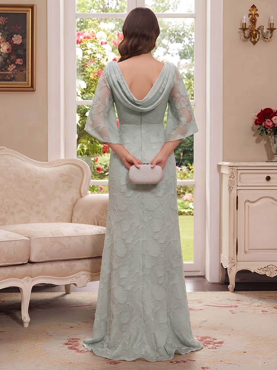 Sheath/Column Scoop 3/4 Sleeves Floor-Length Mother of the Bride Dresses with Applique & Ruched