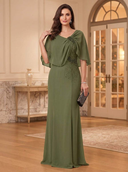 Sheath/Column Scoop Cape Sleeves Floor-Length Mother of the Bride Dresses with Rhinestones & Ruffles