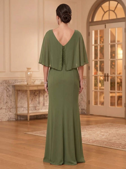 Sheath/Column Scoop Cape Sleeves Floor-Length Mother of the Bride Dresses with Rhinestones & Ruffles