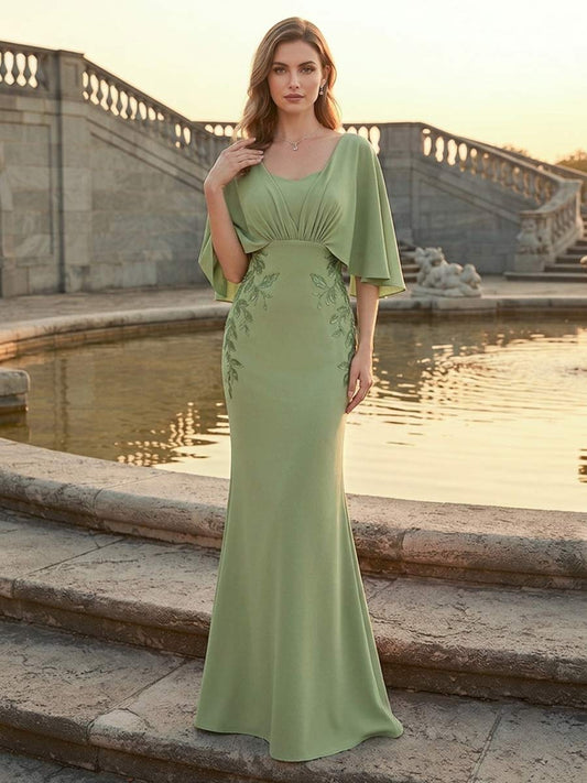 Trumpet/Mermaid Square Neck Cape Sleeves Mother of the Bride Dresses with Ruched & Applique