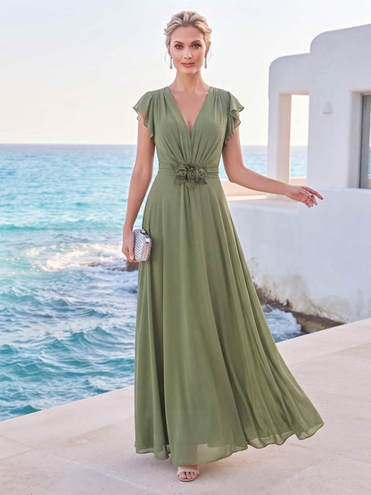 A-Line/Princess Short Sleeves V Neck Floor-Length Mother of the Bride Dresses with 3D Floral & Ruffles