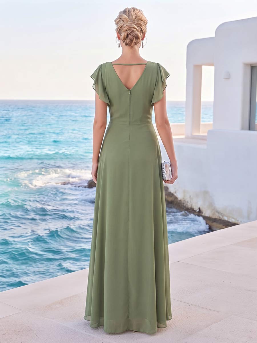 A-Line/Princess Short Sleeves V Neck Floor-Length Mother of the Bride Dresses with 3D Floral & Ruffles
