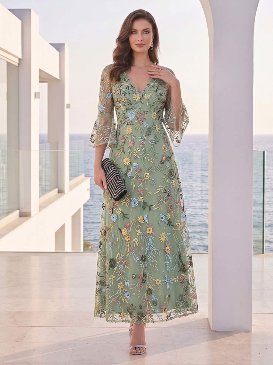 A-Line/Princess V-Neck 3/4 Sleeves Ankle-Length Mother of the Bride Dresses with Embroidery &  Flower