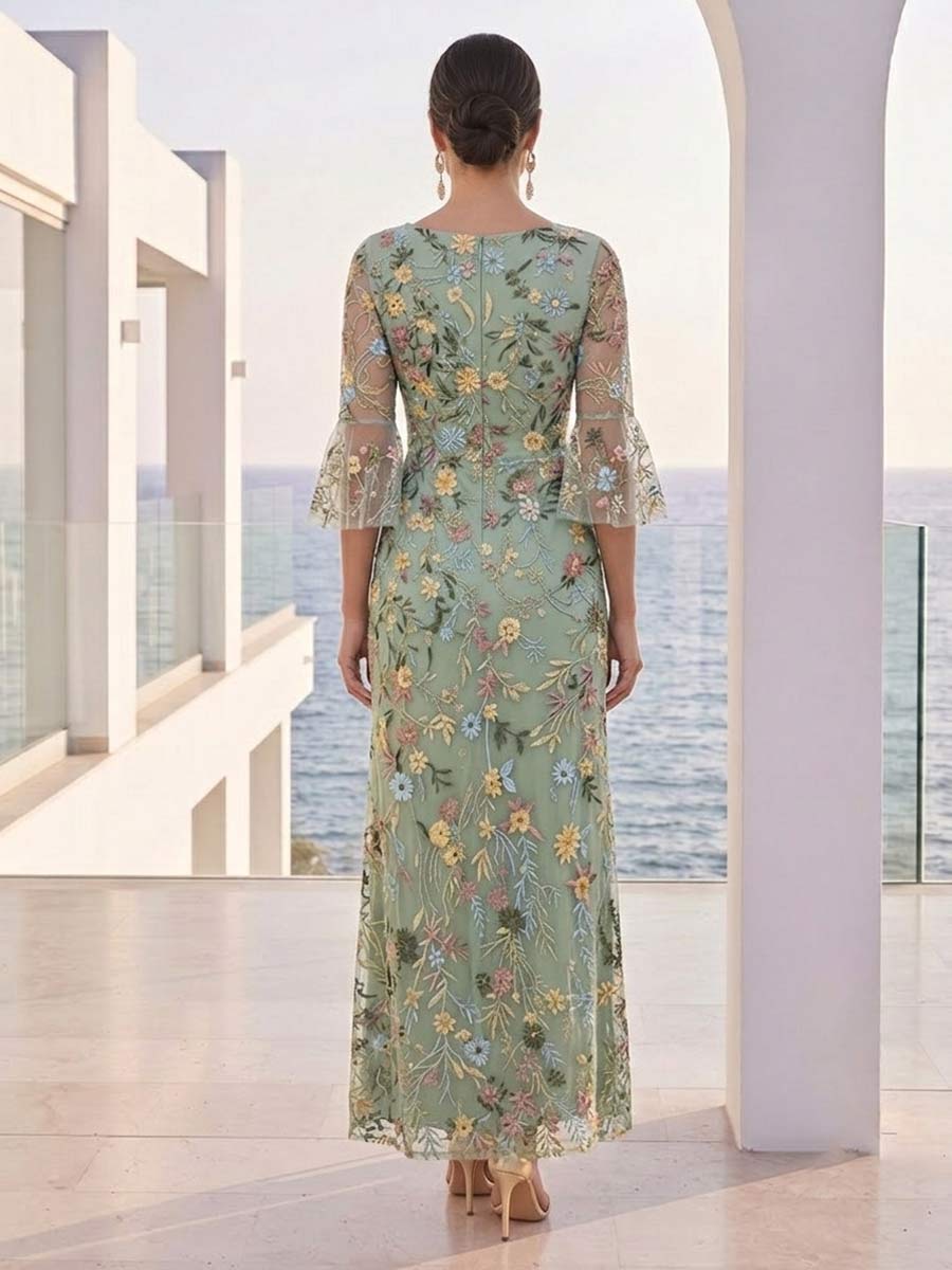 A-Line/Princess V-Neck 3/4 Sleeves Ankle-Length Mother of the Bride Dresses with Embroidery &  Flower