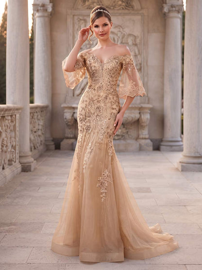 Trumpet/Mermaid Off-the-Shoulder 3/4 Sleeves Floor-Length Formal Dresses With Embroidery & Lace