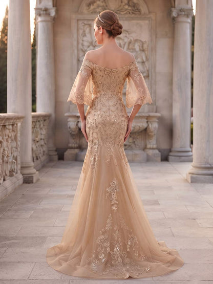 Trumpet/Mermaid Off-the-Shoulder 3/4 Sleeves Floor-Length Formal Dresses With Embroidery & Lace