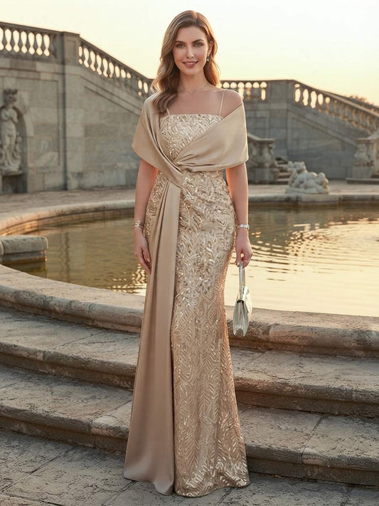 Sheath/Column Spaghetti Straps Sleeveless Floor-Length Mother of the Bride Dresses With Sequins & Applique