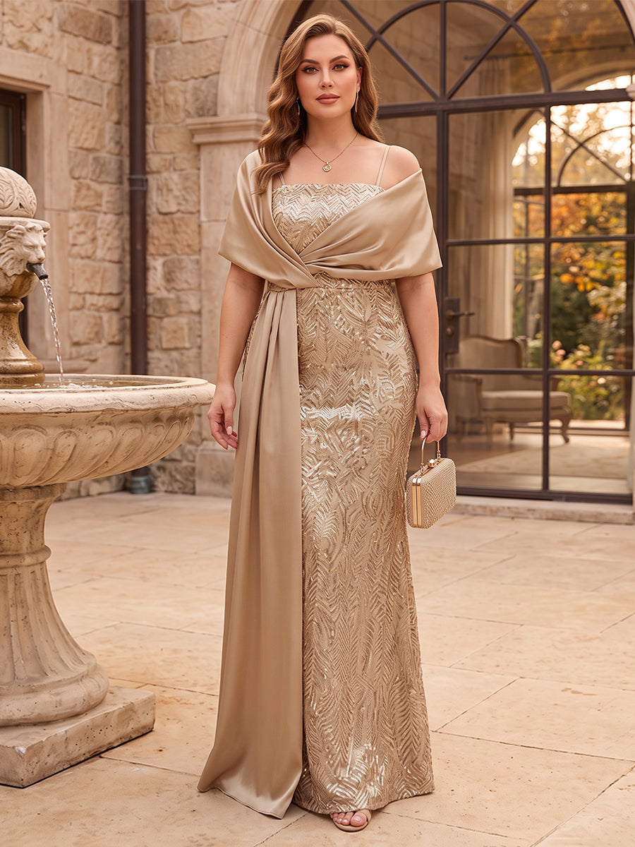 Sheath/Column Spaghetti Straps Cap Sleeves Stretch Crepe Floor-Length Plus Size Mother of the Bride Dresses with Sequins&Appliques