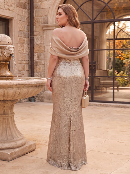 Sheath/Column Spaghetti Straps Cap Sleeves Stretch Crepe Floor-Length Plus Size Mother of the Bride Dresses with Sequins&Appliques