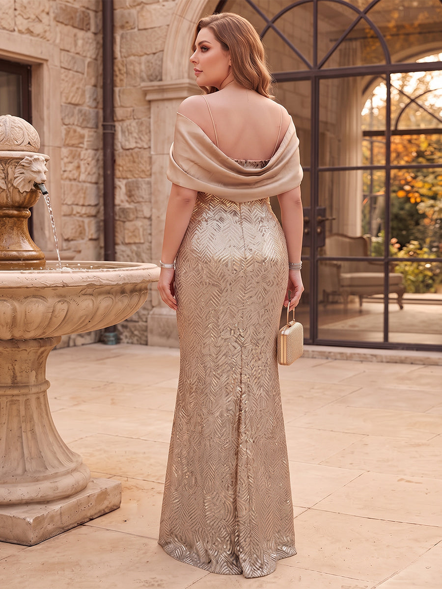 Sheath/Column Spaghetti Straps Cap Sleeves Stretch Crepe Floor-Length Plus Size Mother of the Bride Dresses with Sequins&Appliques