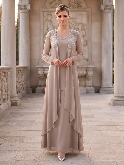 A-Line/Princess 2 Pieces Long Sleeves V Neck Floor Length Mother Of The Bride Dresses With Ruffles & Appliques