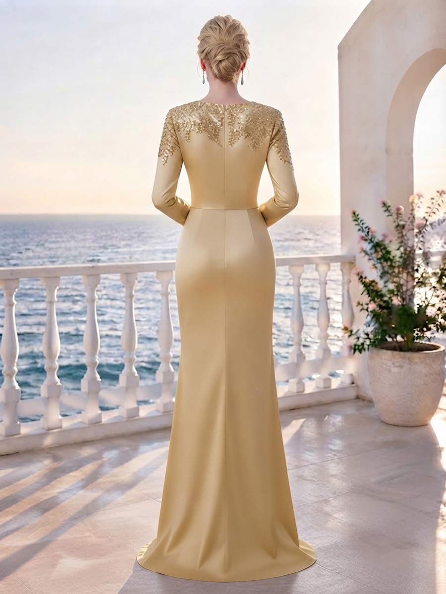 Sheath/Column Scoop Long Sleeves Floor-Length Mother of the Bride Dresses with Ruffles & Rhinestone