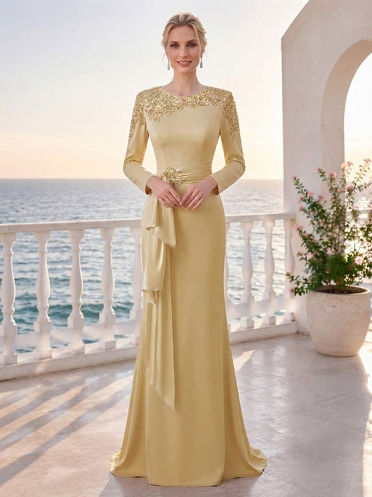 Sheath/Column Scoop Long Sleeves Floor-Length Mother of the Bride Dresses with Ruffles & Rhinestone