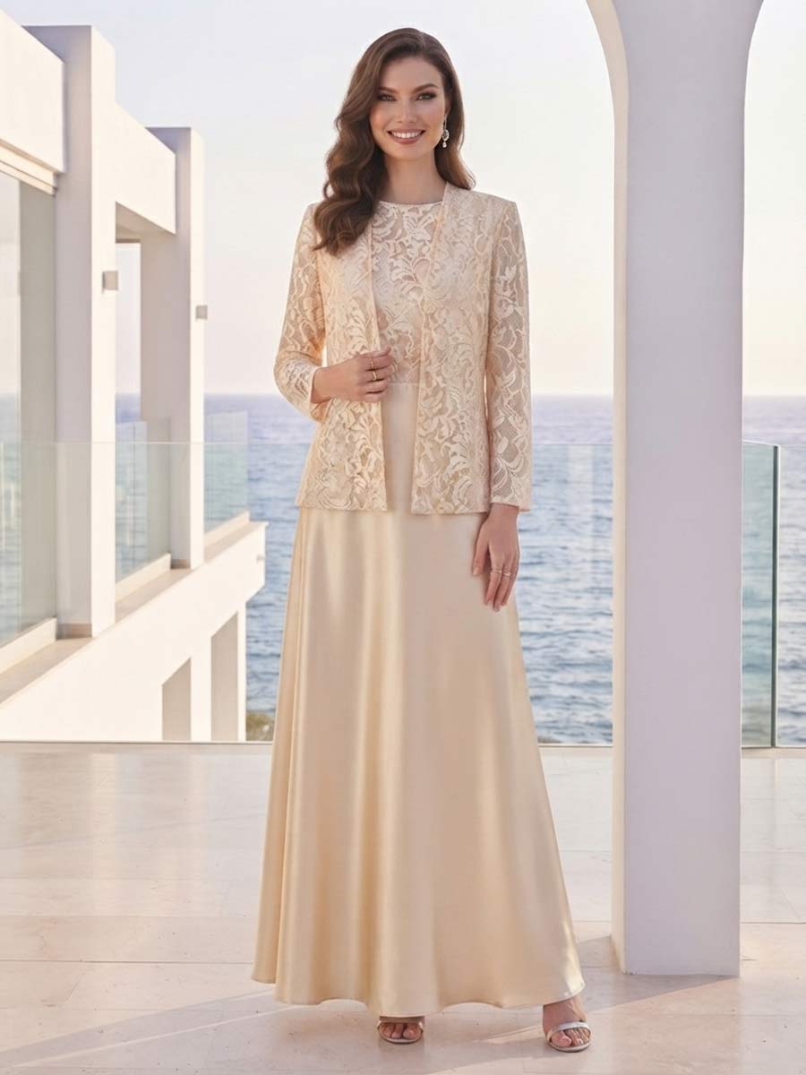 A-Line/Princess 2 Pieces Long Sleeves Scoop Floor Length Mother Of The Bride Dresses With Jacket & Appliques
